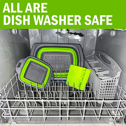 C.I.H. Collapsible Strainer | Collapsible Colander for Kitchen | 3 Piece Green Set | Large Over the Sink Strainer with Extendable Handles | Small Rectangular Strainer | Heat Resistant Utensil Rest