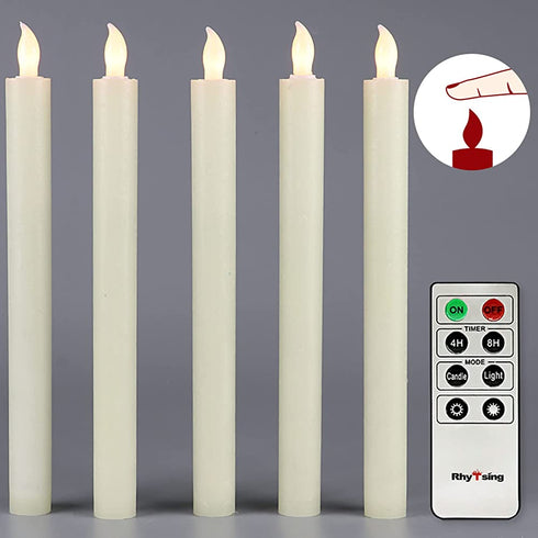 Rhytsing 10" Ivory Flameless Taper Candles with Timer, Battery Operated Dinner Candles, Push-Activated, Textured Wax Finish, Warm White Light, Remote & Batteries Included - Set of 5