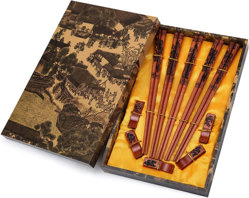 GANGUOLA Chopsticks Reusable Chinese Chopsticks Dragon and Phoenix Carve on Chopsticks with Holder? Carrying Bag Chopsticks Set with Unique Package(5 pairs)