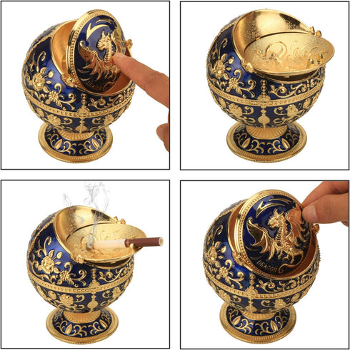 Pterosaur Windproof Ashtray with Flip Lid for Cigarette Metal Portable Smoking Tobacco Ashtray Indoor Outdoor, Handicrafts Rose Pattern Classy Gift for Women Men (Navy Blue-Golden)