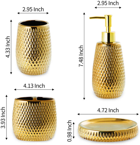 Gold Bathroom Accessory Set 4 Piece Ceramic Bath Accessories Sets Complete, Rain- Drop Shaped Bathroom Essential with Toothbrush Holder & Dish, Tumbler,Soap Dispenser Set for Bath Decor
