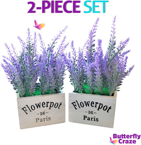 Butterfly Craze Artificial Lavender Plants in White Box Pots (Set of Two) Rustic Home Decor and Beautiful Lifelike Faux Silk Flower Arrangements for Kitchen, Office, Weddings & Beyond - White Boxes