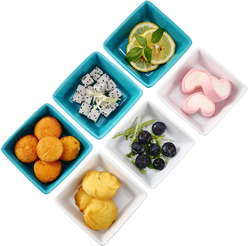 Bruntmor Porcelain Square Baking Ramekins for Souffle, Creme Brulee, Jams, Dipping Sauces, French Onion Soup Oven Safe, Appetizer Sauce Dipping Bowls, (4 Oz, Set of 6), White, Teal