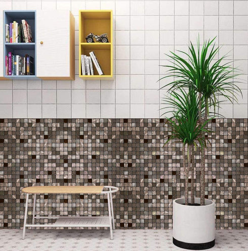 5 Sheets Self-Adhesive Aluminum Mosaic Peel and Stick Metal Tiles 3D Wall Sticker Panel Backsplash for Kitchen & Bathroom (12"x12" Bronze)