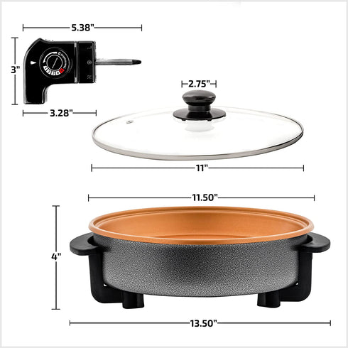 Ovente 12 Inch Electric Kitchen Skillet with Nonstick Aluminum Coated Grill Pan & Glass Lid Cover, Indoor Countertop Cooking Pan with Temperature Control & Handle Compact Easy Clean, Copper SK11112CO