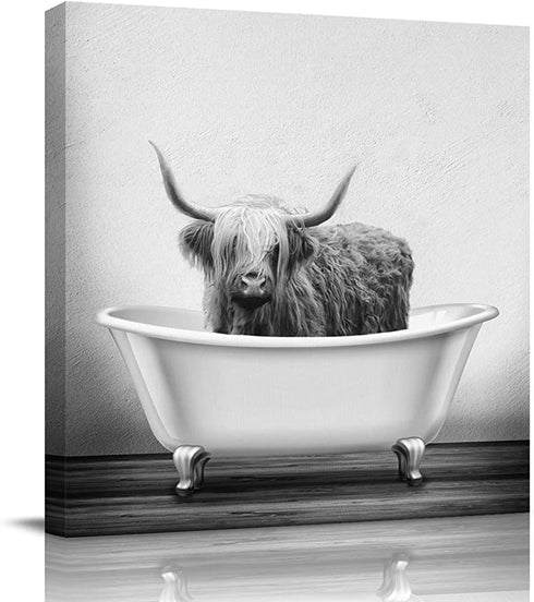 Canvas Prints Wall Art Paintings Farmhouse Animal Highland Cow in Bathtub Bubble Funny Cattle HD Print Painting Wall Artworks Pictures Framed Painting Wall Art for Living Room Bedroom 12x12 inch