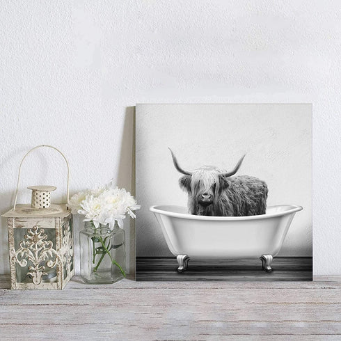 Canvas Prints Wall Art Paintings Farmhouse Animal Highland Cow in Bathtub Bubble Funny Cattle HD Print Painting Wall Artworks Pictures Framed Painting Wall Art for Living Room Bedroom 12x12 inch