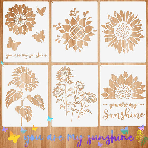 6 Pieces Sunflower Stencil Kit You are My Sunshine Stencil Butterfly Sunflower Reusable Mylar Template Stencils with Metal Open Ring for Painting on Wood Wall Home Decor