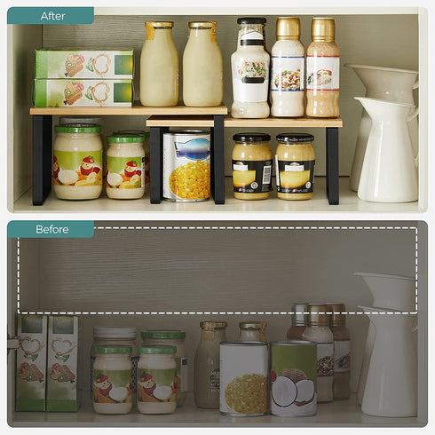 SONGMICS Cabinet Shelf Organizers, Set of 2 Kitchen Counter Shelves, Stackable, Expandable, Metal and Bamboo, Black and Natural UKCS02NB