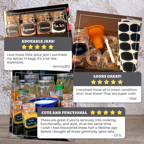 Spice Jars - 12 Airtight Flip Top Bottles with 40 Labels & Chalkboard Pen - Complete Set of 3.4 Ounce Square Empty Spice Bottles with Funnel | Kitchen Spice Organizer Clear Glass Jars