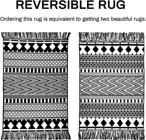 Upgraded Boho Bathroom Rug 2'x3', 100% Woven Geometric Rug for Bedroom Black and White Rug Bohemian Bath Mat, Kitchen Rug Washable Cotton Small Throw Rug, Tassel Rug for Kitchen/Laundry/Doorway/Porch