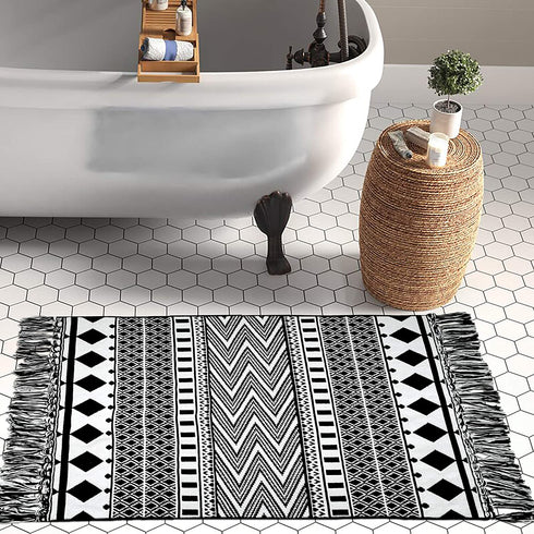 Upgraded Boho Bathroom Rug 2'x3', 100% Woven Geometric Rug for Bedroom Black and White Rug Bohemian Bath Mat, Kitchen Rug Washable Cotton Small Throw Rug, Tassel Rug for Kitchen/Laundry/Doorway/Porch