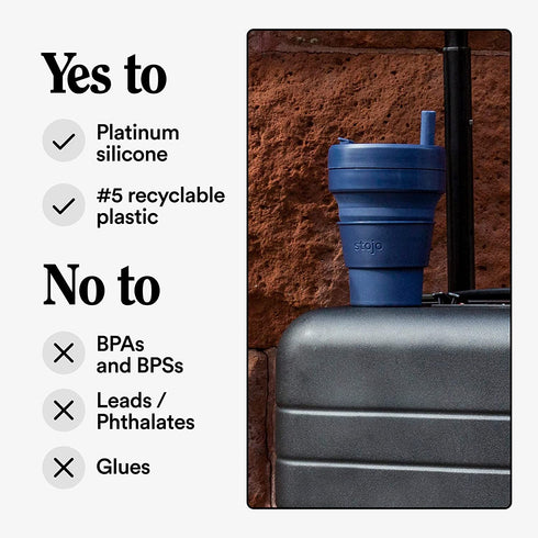 Stojo Collapsible Travel Cup With Straw Denim Blue, 16oz / 470ml - Reusable To-Go Pocket Size Silicone Bottle for Hot and Cold Drinks - Perfect for Camping and Hiking - Microwave & Dishwasher Safe
