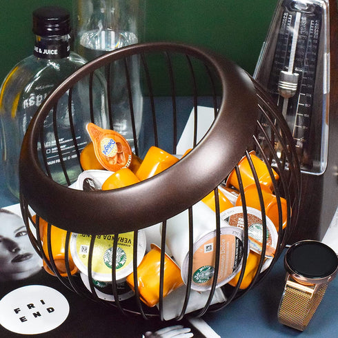 HQzon Coffee Pod Holder, Creamer Holder, K Cup Holders, Countertop Organizer,Tea Bags/Food/Fruit Container, Home Office Kitchen Counter Storage-Large Capacity/Brown Decoration Basket