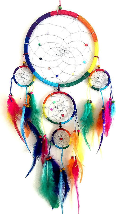 OMA Dream Catcher - Hand Made Traditional Multi Color Chakra Rainbow Dream Catcher with Tie Dye Feathers & Beads Dreamcatcher - 7" Diameter & 22" Long