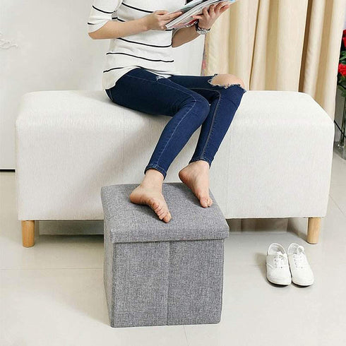 RONSTA Storage Ottoman, Foldable Cube Ottoman with Storage for Children, Foot Rest, Cloth Foot Stools and Ottomans with Memory Foam and Faux Linen Seat 12"X12"X12" (Linen-Black)