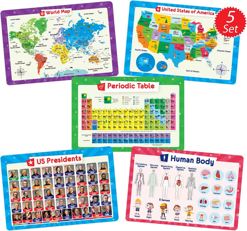 Simply Magic 5 Placemats for Kids - Kids Placemats Non Slip, Washable Reusable Children Placemats, Educational Placemats: USA and World Maps, Periodic Table, US Presidents, Plastic Placemats for Kids