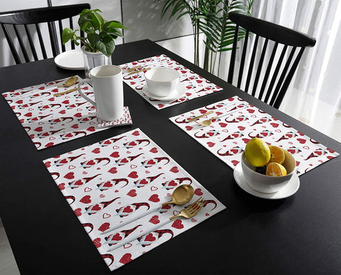 Valentines Placemats Set of 4 Gnomes and Heart Table Mats, Love Red Buffalo Check Plaid Table Decoration for Kitchen Dining Table Stain Resistant Heat Insulation Non-Slip Washable