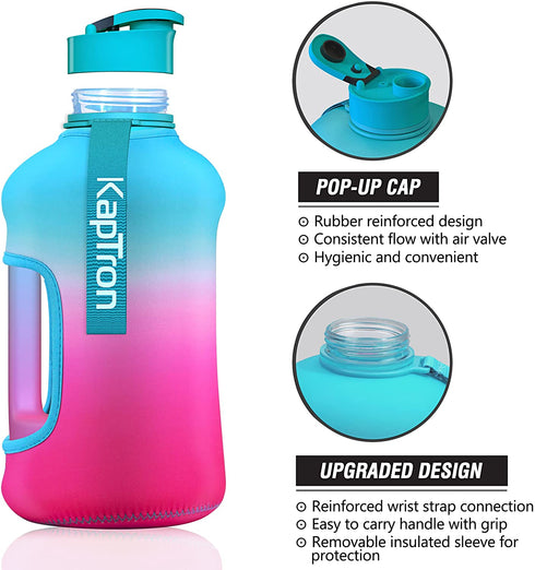 Kaptron Gym Water Bottle with Case - Bodybuilding Water Bottle - Strong Durable 2.2 Litre Water Bottle with Handle - BPA Free Large Half Gallon Sports Water Bottles (Blue Pink, Medium)