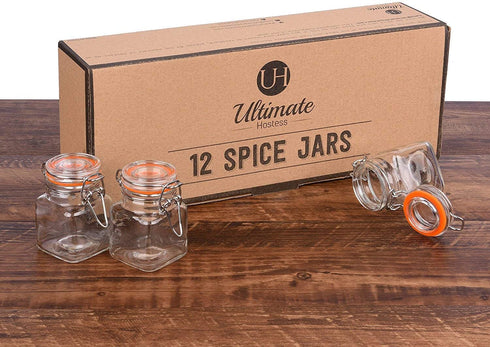 Spice Jars - 12 Airtight Flip Top Bottles with 40 Labels & Chalkboard Pen - Complete Set of 3.4 Ounce Square Empty Spice Bottles with Funnel | Kitchen Spice Organizer Clear Glass Jars
