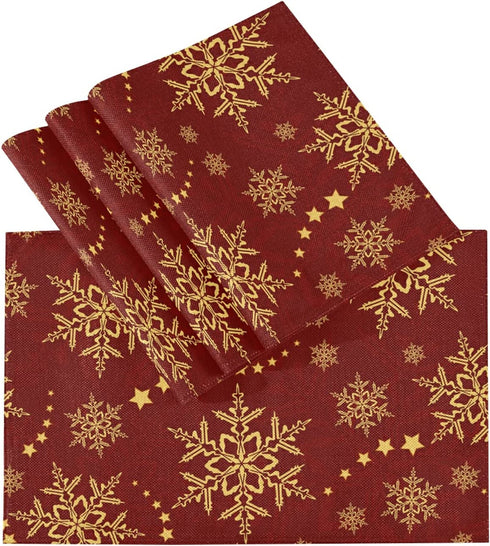Christmas Snowflakes Red Placemats Set of 4 Non Slip Burlap Winter Table Mats Heat Resistant Washable Place Mats for Dining Home Kitchen 12 x 18 Inch