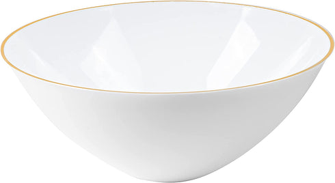 Plasticpro Disposable Organic Plastic White Bowls With gold rim Round Medium Serving Bowl 58 ounce, Elegant for Party's, Snack, or Salad Bowl, White With Gold Rim, Pack of 6