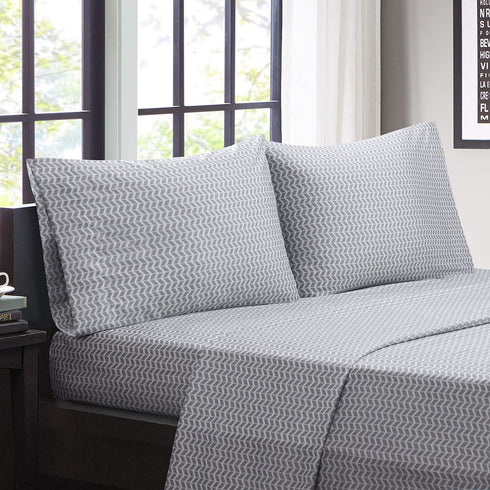 Intelligent Design Microfiber Bed Sheet Set Wrinkle Resistant, Soft Sheets with 12" Pocket, Modern, All Season, Cozy Bedding-Set, Matching Pillow Case, Queen, Grey Chevron, 4 Piece