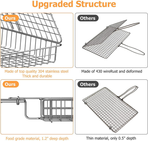 ORDORA Grill Basket, Fish Grill Basket, Rustproof 304 Stainless Steel BBQ Grilling Basket for Meat,Steak, Shrimp, Vegetables, Chops, Heavy Duty Grill Basket Outdoor Grill Accessories