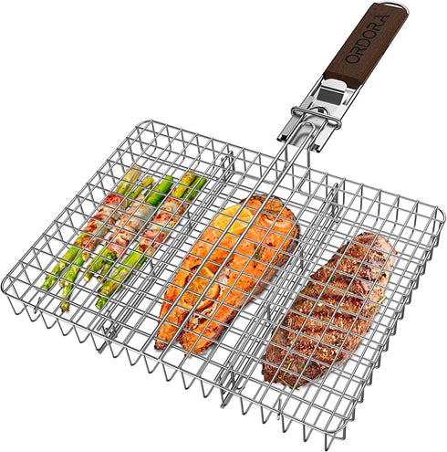 ORDORA Grill Basket, Fish Grill Basket, Rustproof 304 Stainless Steel BBQ Grilling Basket for Meat,Steak, Shrimp, Vegetables, Chops, Heavy Duty Grill Basket Outdoor Grill Accessories