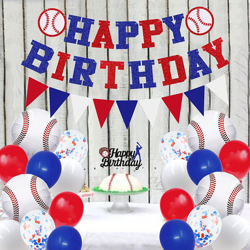 Baseball Birthday Decorations - Baseball Party Supplies Kit Set of Birthday Banner,Pennant Banner,Baseball Balloons and Baseball cake topper for Baseball/Sports Theme party decor