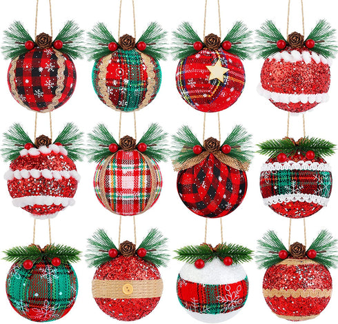 MCEAST 12 Styles Christmas Ball Ornaments Buffalo Plaid Christmas Tree Baubles Rustic Hanging Ornaments with Snowflake Pine Cones and Berries for Christmas Holiday Party Decoration