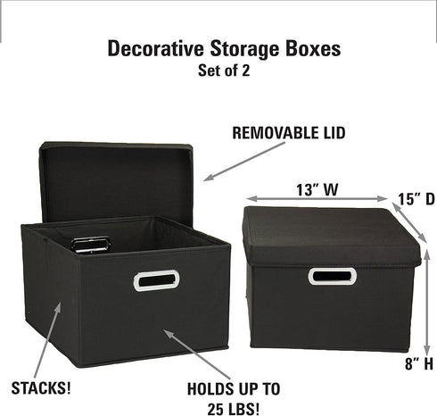 Household Essentials Fabric Storage Boxes with Lids and Handles, Black