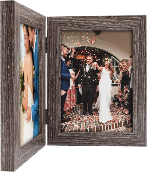 Golden State Art, 5x7 Double Frame Wood Grain Hinged Picture Frame Two Photo Frames, for Wedding Family Picture Collage (Grey, 5x7)
