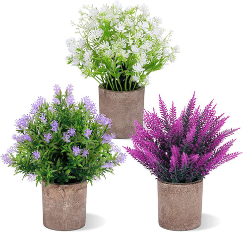 FUNARTY 3 Packs Fake Plants, Faux Plants Indoor Small Potted Plants, Mini Artificial Small Flower, 10 Faux Greenery Plants Indoor, Lavender Pot for Garden Lawn Balcony Office Home Decoration