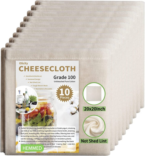 Olicity Cheese Cloths, Grade 100, 20x20Inch Hemmed Cheese Cloth for Straining Reusable, 100% Unbleached Precut Cheesecloth Strainer Muslin Cloth for Cooking, Juicing, Baking, Cheese Making - 10 PCS