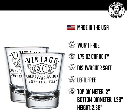 2pk Vintage 2001 Printed 2oz Shot Glasses - 21st Birthday Aged to Perfection - 21 years old gifts