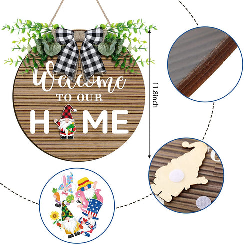 Gnome Wooden Seasonal Welcome Door Sign Interchangeable Welcome to Our Home Round Wood Hanging Front Door Sign with Burlap Bow with 12 Seasonal Ornament for Independence Day Holiday Porch (Brown)
