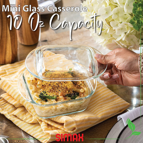 Simax Casserole Dish For Oven: Mini Glass Baking Dish With Lid Small, Personal Sized Bakeware and Cookware - Great for Storage Microwave, Oven, And Dishwasher Safe Borosilicate Glass Dish 10 Oz.