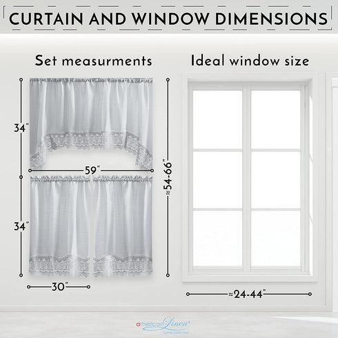 Caf© Curtains for Kitchen, Bathroom Curtains with Valance, Embroidered lace Border. (Steele Gray)
