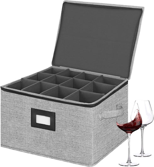 Stemware Storage Box,China Storage Containers Chest Boxes Holds 12 Wine Glass or Crystal Glassware with Lable Window and Handles,Hard Shell and Stackable (Grey)