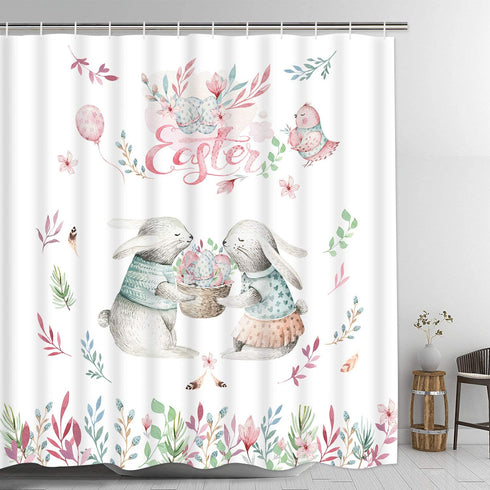 Happy Easter Day Shower Curtain with 12 Hooks, Cute Rabbits and Easter Eggs Shower Curtain, Waterproof Durable Flower Plant Shower Curtain for Easter Day Bathroom Decoration