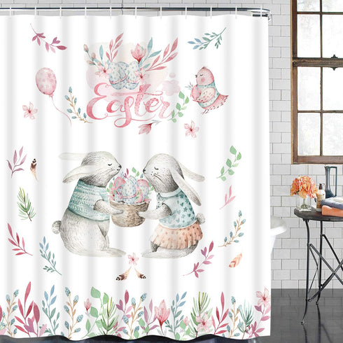 Happy Easter Day Shower Curtain with 12 Hooks, Cute Rabbits and Easter Eggs Shower Curtain, Waterproof Durable Flower Plant Shower Curtain for Easter Day Bathroom Decoration