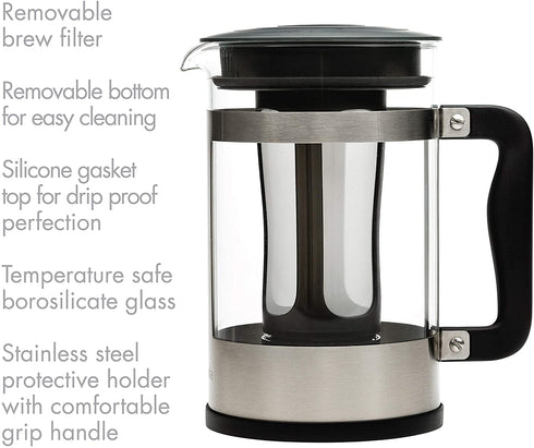 Primula Kedzie Deluxe Cold Brew Iced Coffee Maker Comfort Grip Handle, Durable Glass Carafe, Removable Mesh Filter, 6 Cup, Brushed Stainless Steel