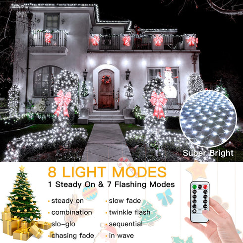 Ollny Net Lights Mesh Lights Outdoor 200 LED 9.8ft x 6.6ft Christmas Lights Waterproof Connectable 29V Plug in Fairy String Lights with 8 Modes for Xmas Tree Bush Garden Holiday Decorations Cool White
