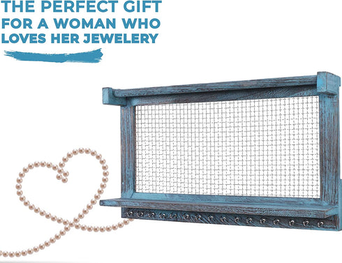 Rustic Jewelry Organizer Wall Mounted Jewelry Holder with Removable Bracelet Rod, Shelf and 16 Hooks Perfect Earrings, Necklaces and Bracelets Holder Vintage Jewelry Display Rustic Blue