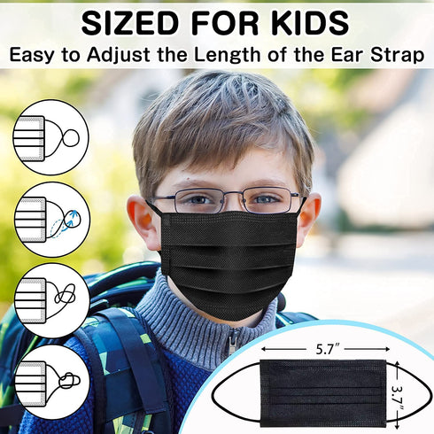 XDX Kids Mask Individually Wrapped, Kids Black Disposable Face Mask for Boys and Girls, 3 Ply - 5.7" x 3.7" Children's Size for Childcare, School, Daily Use (50 PCS)