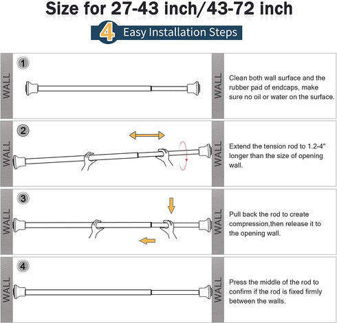 SZXIMU Spring Tension Curtain Rod 27-43 Inch, Never Rust and Non-Slip Shower Curtain Rods with Flat Top, Nickel