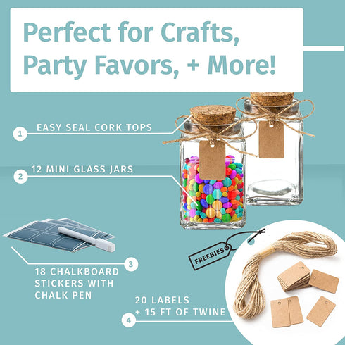 Otis Classic Square Glass Jars with Lids - Set of 12 Mini Glass Jars with Corks for Wedding & Party Favors, DIY Crafts, Potions, Spices & Candy, 3.4 oz