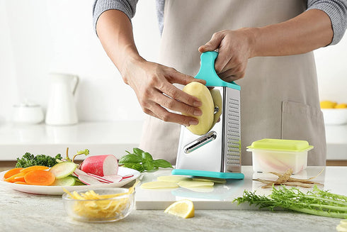 Marco Almond KYA57B Box Grater,Stainless Steel Grater with 4 Sides,Slicer 5 Piece Set, Potato,Cheese,Cucumber,Salad Vegetables Graters Peelers, Dishwasher safe, Turquoise