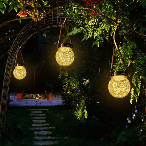 2 Packs Hanging Outdoor Solar Lanterns Decorative Lights 30 LED Waterproof Cracked Glass Jar Garden Lights for Court Yard Patio Pathway